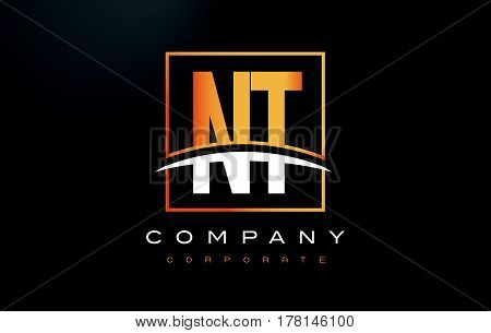 Nt N T Golden Letter Logo Design With Gold Square And Swoosh.