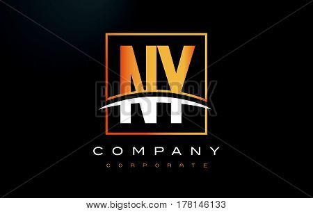 Ny N Y Golden Letter Logo Design With Gold Square And Swoosh.