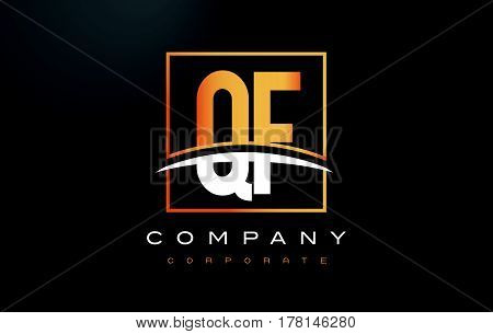 Qf Q F Golden Letter Logo Design With Gold Square And Swoosh.
