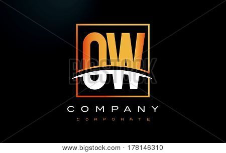 Ow O W Golden Letter Logo Design With Gold Square And Swoosh.