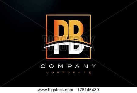 Pb P B Golden Letter Logo Design With Gold Square And Swoosh.