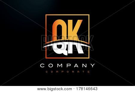 Qk Q K Golden Letter Logo Design With Gold Square And Swoosh.