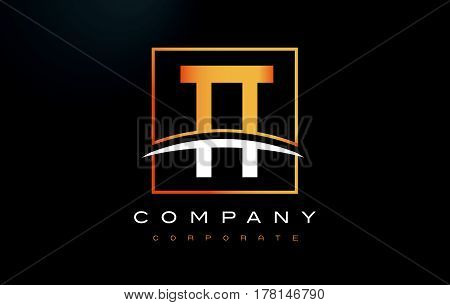 Tt T Golden Letter Logo Design With Gold Square And Swoosh.