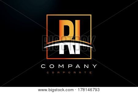 Ri R I Golden Letter Logo Design With Gold Square And Swoosh.