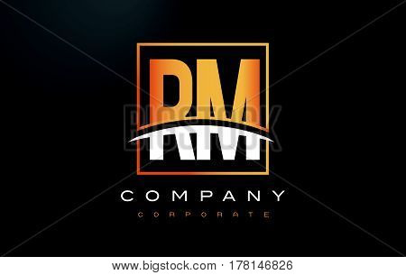 Rm R M Golden Letter Logo Design With Gold Square And Swoosh.