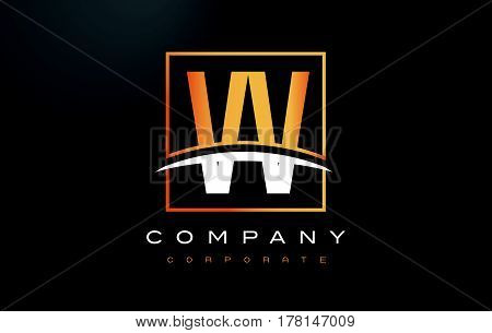 Vv V Golden Letter Logo Design With Gold Square And Swoosh.