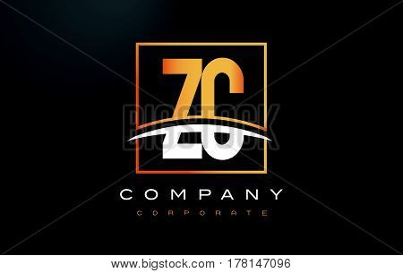 Zc Z C Golden Letter Logo Design With Gold Square And Swoosh.