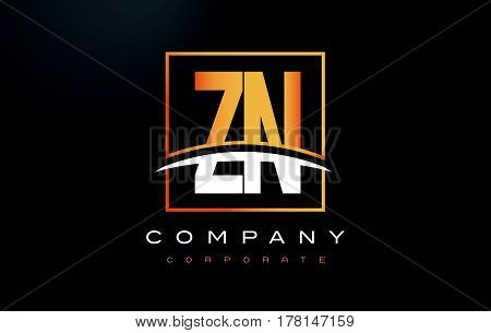 Zn Z N Golden Letter Logo Design With Gold Square And Swoosh.