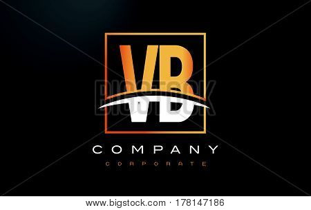 Vb V B Golden Letter Logo Design With Gold Square And Swoosh.