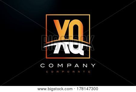 Xq X Q Golden Letter Logo Design With Gold Square And Swoosh.