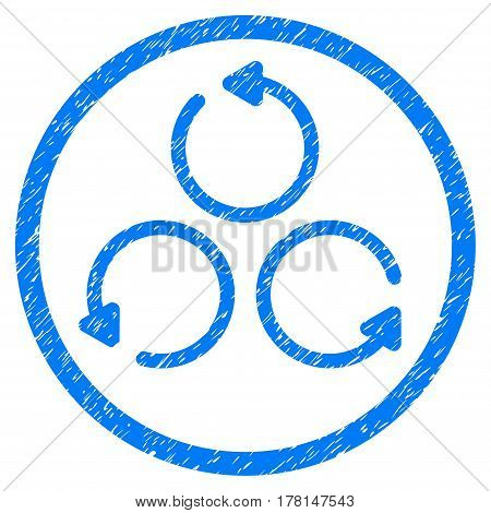 Rotation grainy textured icon inside circle for overlay watermark stamps. Flat symbol with dirty texture. Circled dotted vector blue ink rubber seal stamp with grunge design on a white background.