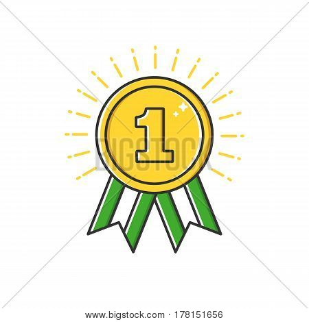 Vector business illustration of gold badge medal with ribbon icon in flat line style. Graphic design concept of winner or champion on contest. Use in Web Project and Applications. Outline stock object