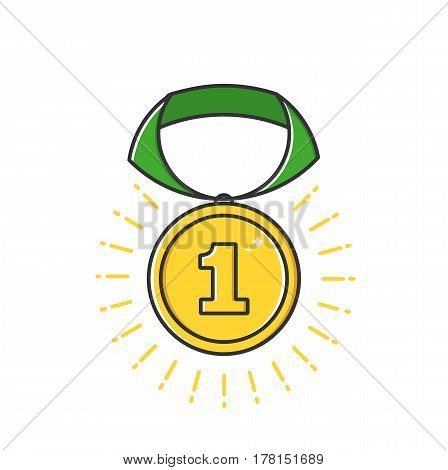 Vector business illustration of gold badge medal with ribbon icon in flat line style. Graphic design concept of winner or champion on contest. Use in Web Project and Applications. Outline stock object
