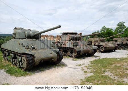 TURANJ, CROATIA - JUNE 11: Military tanks Open air museum of the Croatian War of Independence, 1991 - 1995, (Homeland War, Domovinski Rat), Turanj, Croatia on June 11, 2016
