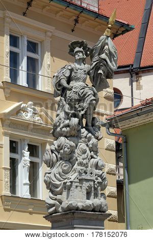 PTUJ, SLOVENIA - JULY 02: Saint Florian statue on the central square in Ptuj, town on the Drava River banks, Lower Styria Region, Slovenia on July 02, 2016.