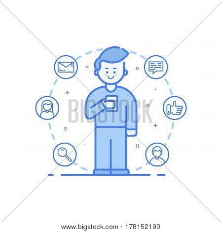 Vector illustration in flat bold linear style. Boy holding mobile phone with smile on his face - receiving comments, notifications and appreciations from his customers and followers - outline stock.