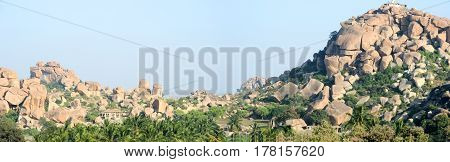 Hampi, India - 13 January 2015: Temples on Matanga Hill at Hampi on India