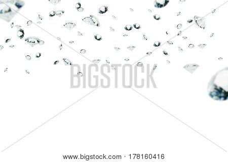 Picture of diamonds of different sizes floating in the air against a white background. Mock up