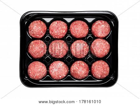 Raw Beef Meatballs In Black Plastick Tray