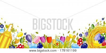Stock vector isolated illustration Happy Easter background colored eggs, spring decoration, leave, tulip flower design element in flat style for printed material, greeting, festive card banner, flyer