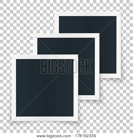 Square image frame set concept, 3 single isolated object in row with shadows on transparent background. Vector detailed illustration edge for imagess and pictures.