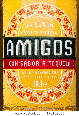 London, United Kingdom - March 23, 2017: Bottle Label Of Amigos Tequila Beeron White. A Beer Brewed