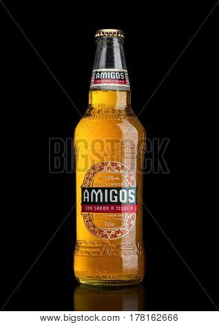 London, United Kingdom - March 23, 2017: Bottle Of Amigos Tequila Beeron Black. A Beer Brewed By The