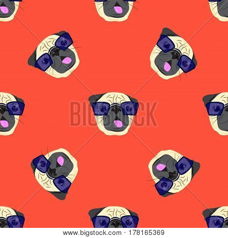 Seamless pattern with pug-dog in glasses on red background. Pug Dog