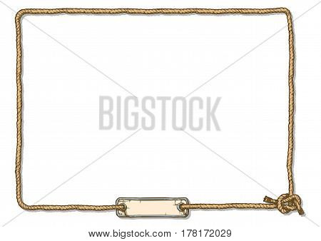 Vector hand drawn illustration of rope knot frame with board and bowline knot.