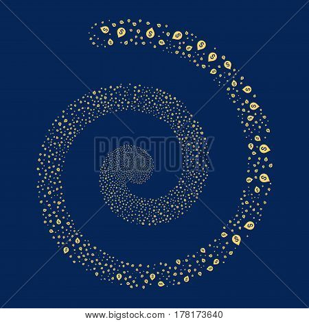 Banking Map Marker fireworks vortex spiral. Vector illustration style is flat yellow scattered symbols. Object whirlpool combined from scattered pictograms.