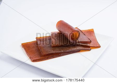 indian alphonso mango's dried jelly called mango papad or mango poli or slab or cake, traditional maharashtrian recipe