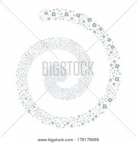 Buzzer fireworks swirling spiral. Vector illustration style is flat bicolor blue and gray scattered symbols. Object whirlpool made from scattered design elements.