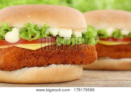 Fish Burger Fishburger Hamburger Closeup Close Up Tomatoes Lettuce Cheese