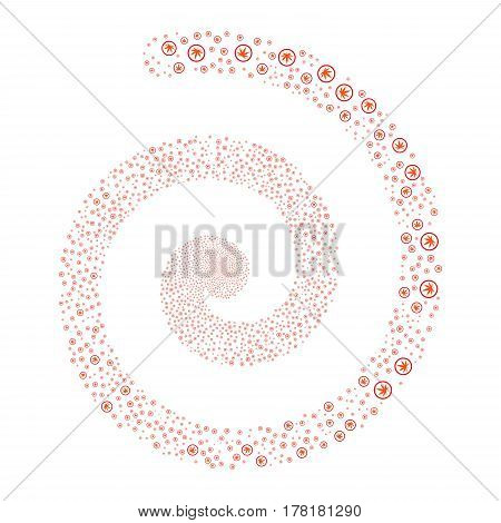 Cannabis fireworks swirling spiral. Vector illustration style is flat bicolor intensive red and orange scattered symbols. Object helix organized from scattered pictograms.