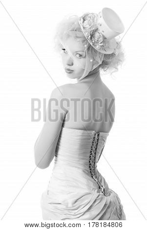 black and white portrait of a sensual girl in a hat with a veil