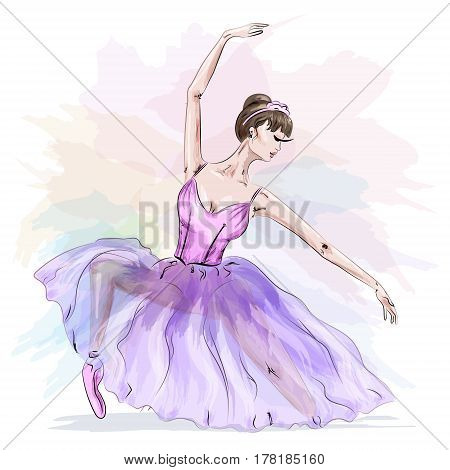 Young and beautiful ballerina posing and dancing in fashion pink dress. Vector illustration.