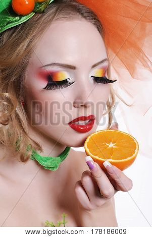 portrait of a girl with fashion makeup on white background