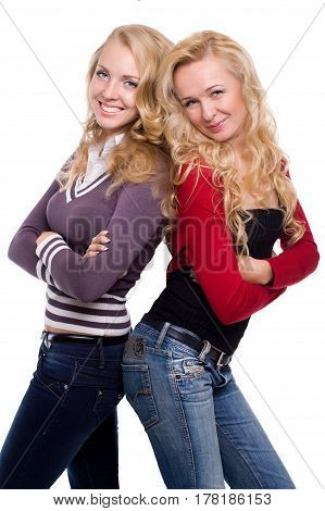 two beautiful blond woman sisters with styled blond hair