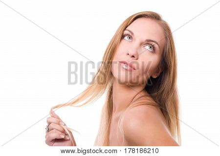 Close-up portrait of beautiful girl  isolated on white