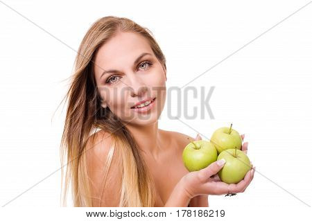 Young happy woman with apple isolated on white