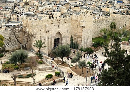 JERUSALEM ISRAEL - MARCH 25 2017: Shechem (Damascus) gate in the old city of Jerusalem. View from above