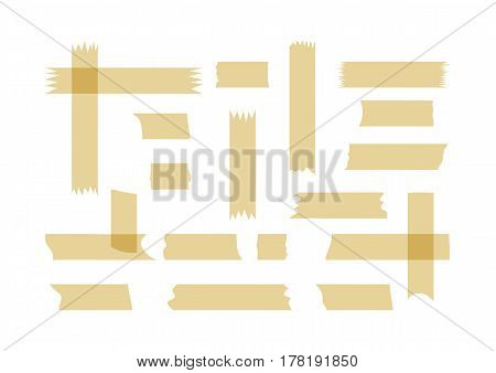 A set of fragments of adhesive tape. Small and large ragged pieces. Twenty horizontal and vertical scraps. Isolated on white background. Vector illustration.