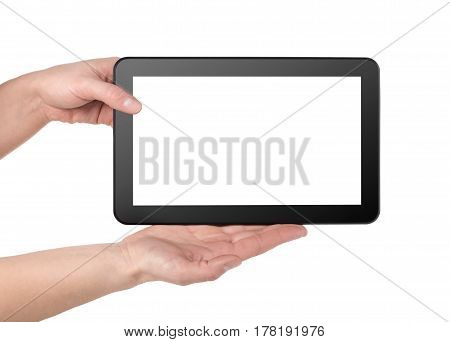 Mobile tablet in hands isolated on a white background