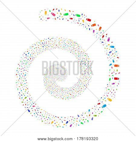 Bottle fireworks vortex spiral. Vector illustration style is flat bright multicolored scattered symbols. Object twirl created from scattered pictographs.