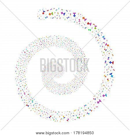 Cemetery fireworks swirling spiral. Vector illustration style is flat bright multicolored scattered symbols. Object helix made from scattered symbols.