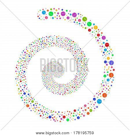 Clock fireworks whirlpool spiral. Vector illustration style is flat bright multicolored scattered symbols. Object whirl constructed from random symbols.