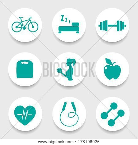 Set of 9 fitness icon in circle. Vector illustration