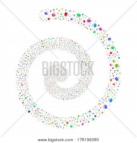 Coffee Cup fireworks vortex spiral. Vector illustration style is flat bright multicolored scattered symbols. Object swirl constructed from random design elements.