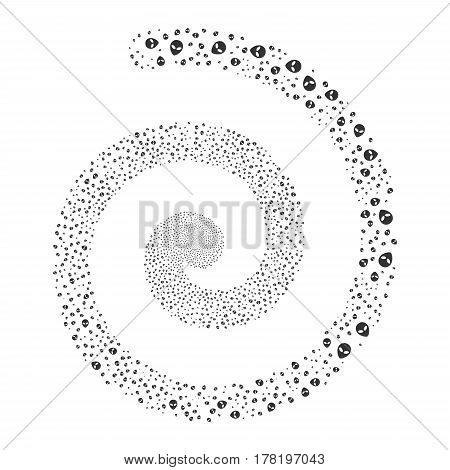 Alien Face fireworks swirling spiral. Vector illustration style is flat gray scattered symbols. Object whirl constructed from scattered pictographs.