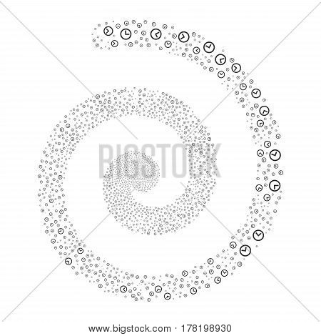 Clock fireworks swirling spiral. Vector illustration style is flat gray scattered symbols. Object whirl done from random pictograms.